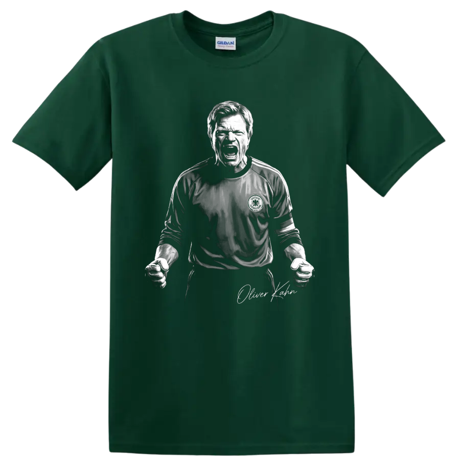 Oliver Kahn roaring goalkeeper portrait in dramatic black-and-white illustration on a Forest Green T Shirt