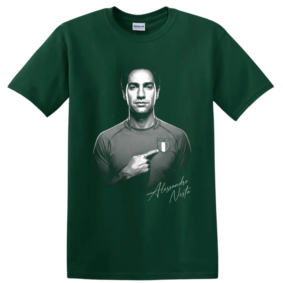 Alessandro Nesta monochrome Italy soccer portrait pointing to an Italia crest on a Forest Green T Shirt