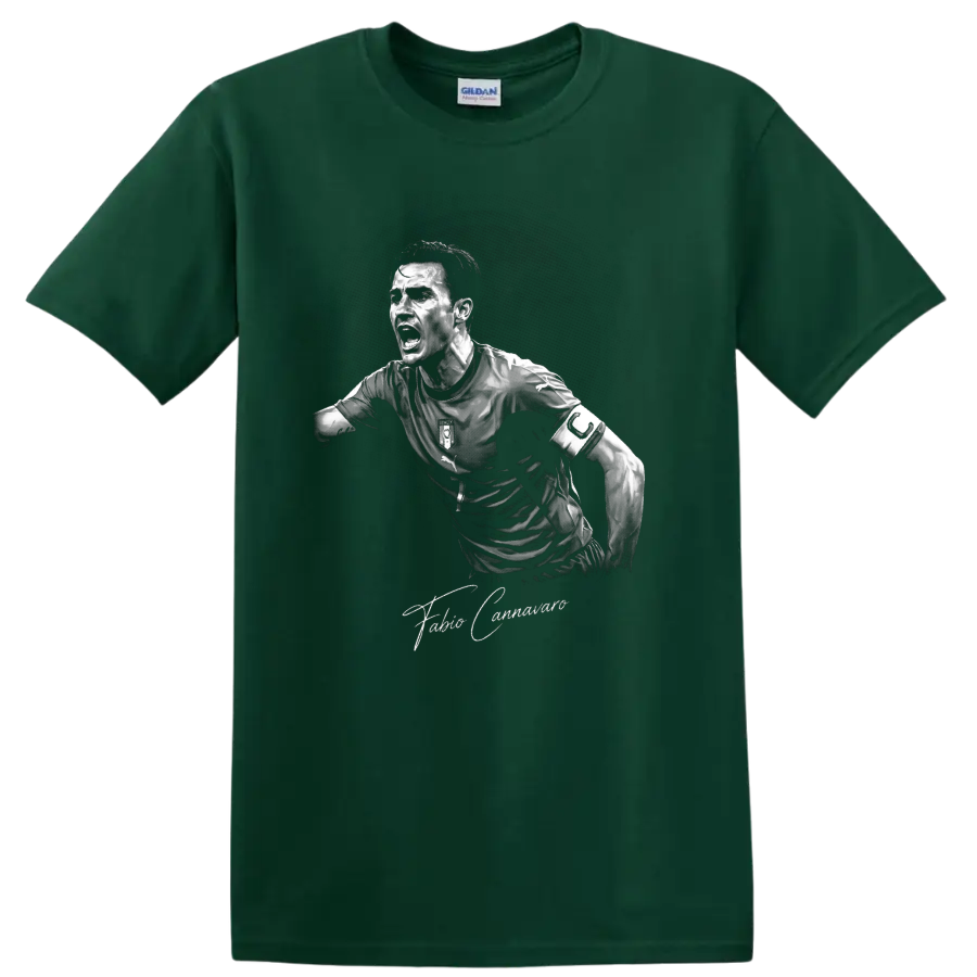 Fabio Cannavaro monochrome Italy soccer captain portrait with signature text on a Forest Green T Shirt