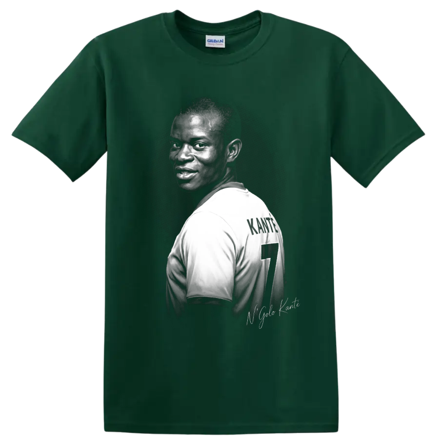 N'Golo Kanté soccer midfielder portrait with number 7 jersey in monochrome graphic art on a Forest Green T Shirt