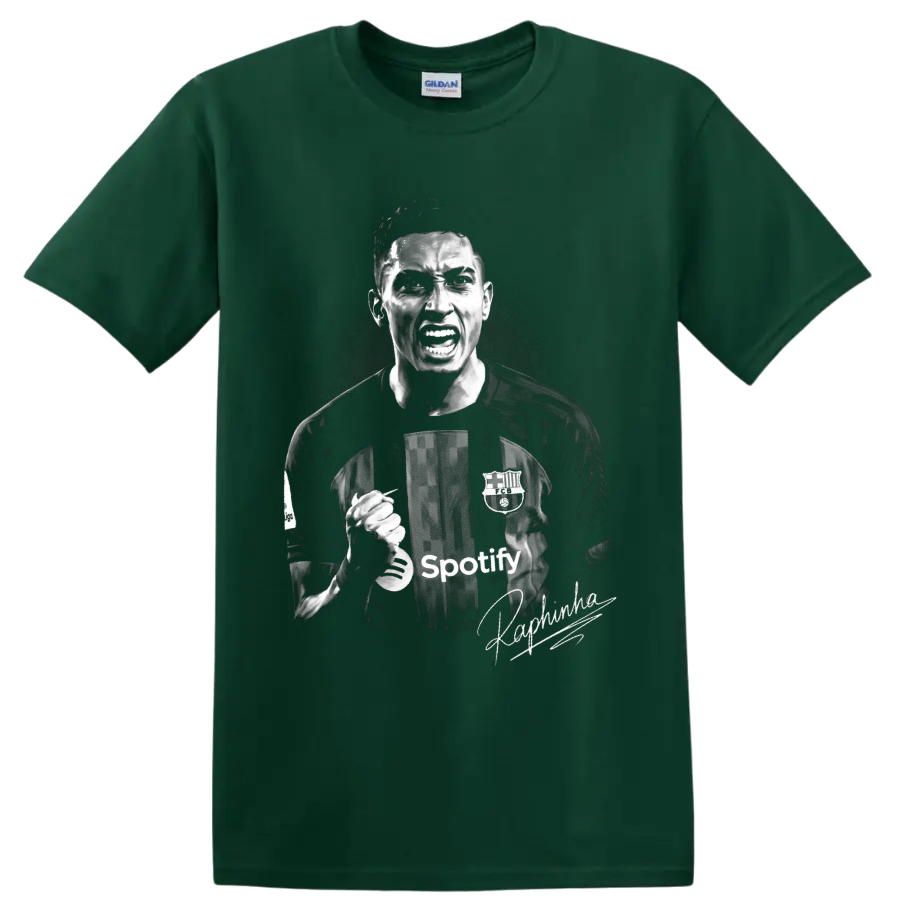 Raphinha Barcelona soccer celebration portrait in gritty monochrome with signature-style on a Forest Green T Shirt