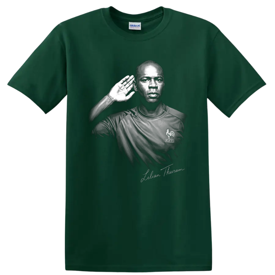 Lilian Thuram France defender monochrome portrait with raised-hand listening gesture on a Forest Green T Shirt