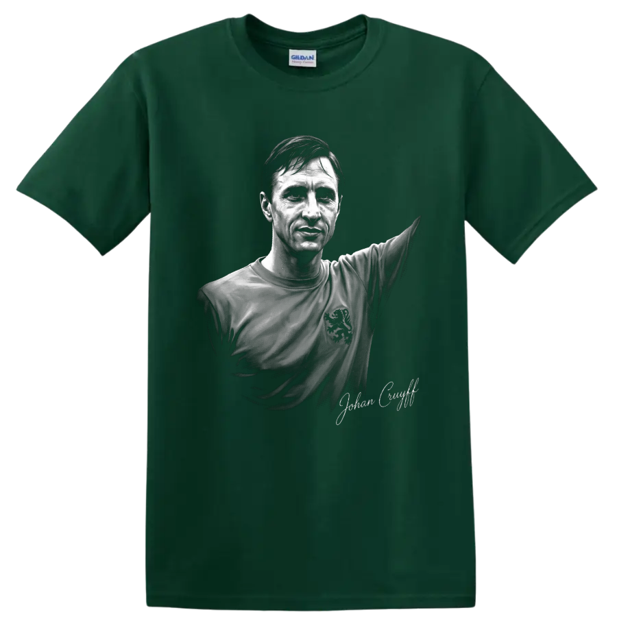 Johan Cruyff monochrome soccer portrait with raised arm and signature-style text on a Forest Green T Shirt