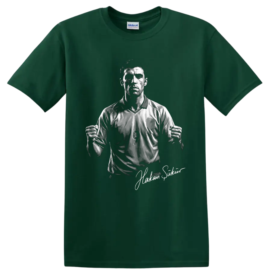 Hakan Şükür soccer striker portrait with number 9 jersey and signature-style text on a Forest Green T Shirt