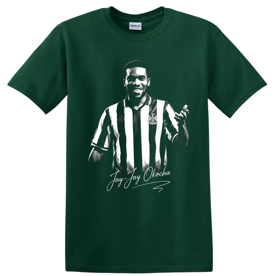 Jay-Jay Okocha monochrome soccer portrait with striped jersey and signature script on a Forest Green T Shirt