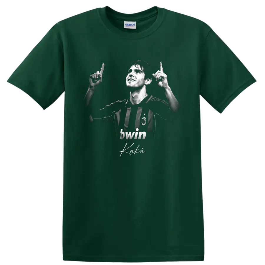Kaká AC Milan monochrome portrait with raised hands and signature-style script on a Forest Green T Shirt