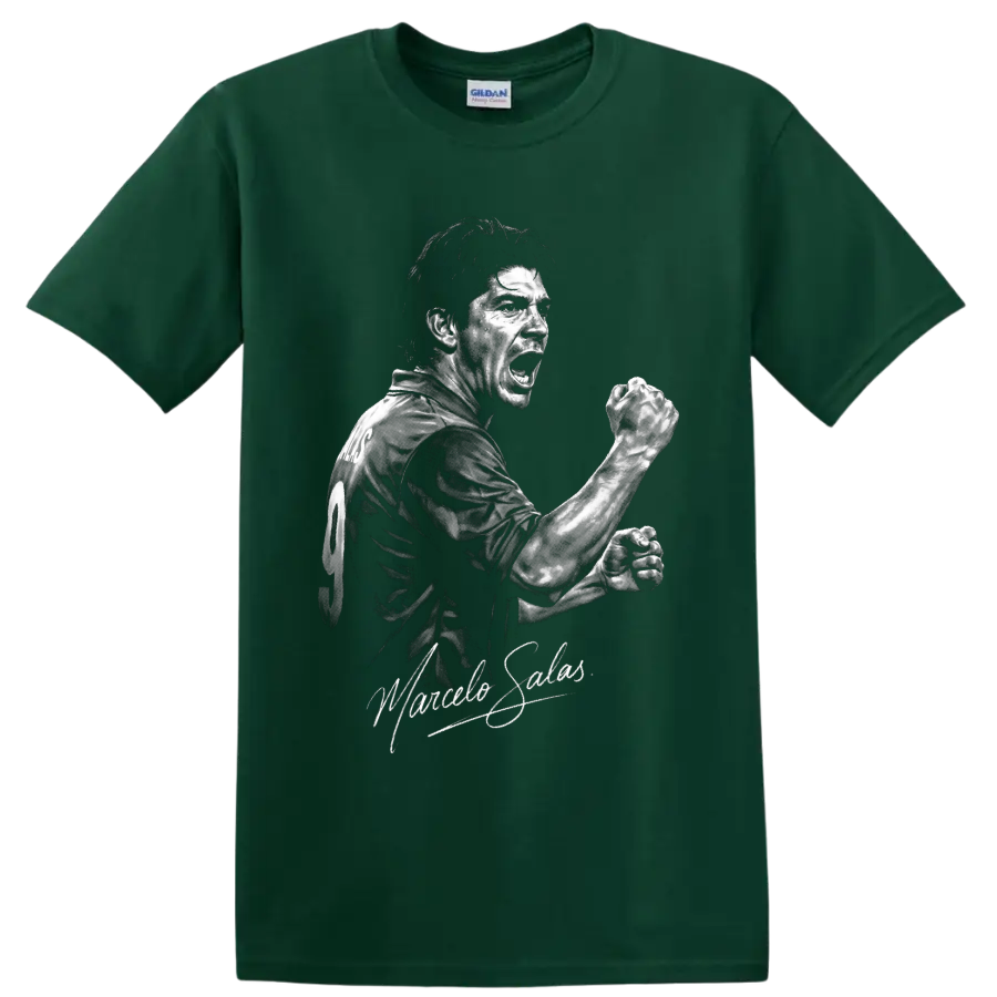 Marcelo Salas monochrome soccer striker portrait with clenched-fist celebration on a Forest Green T Shirt