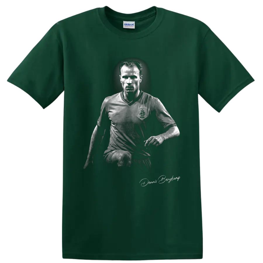 Dennis Bergkamp monochrome Netherlands soccer portrait with signature-style script on a Forest Green T Shirt