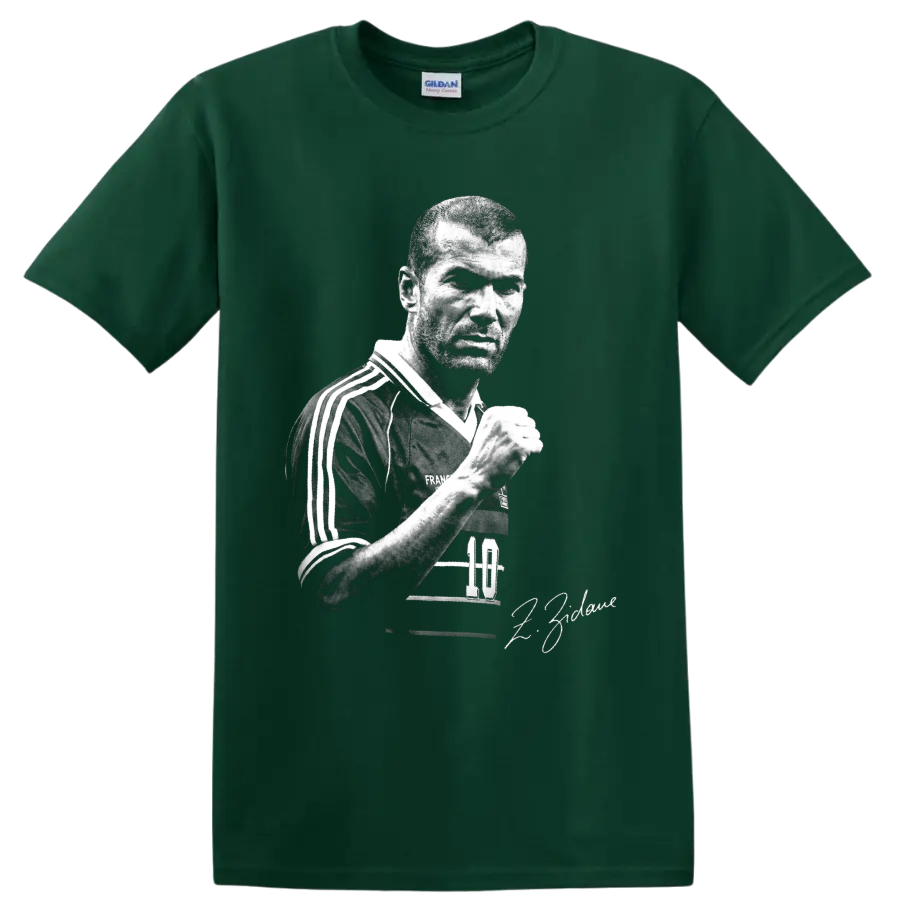 Zinedine Zidane black-and-white France soccer portrait with number 10 and signature on a Forest Green T Shirt