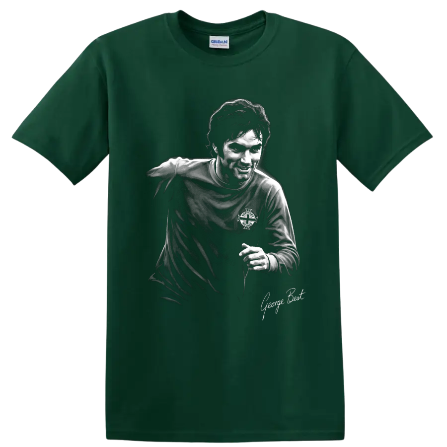 George Best Northern Irish soccer portrait in high-contrast monochrome art on a Forest Green T Shirt