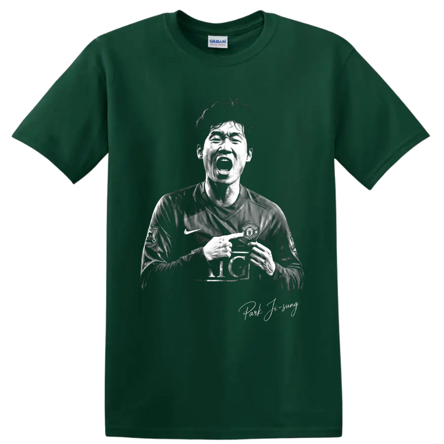 Park Ji-sung Manchester United soccer portrait in dramatic monochrome poster style on a Forest Green T Shirt