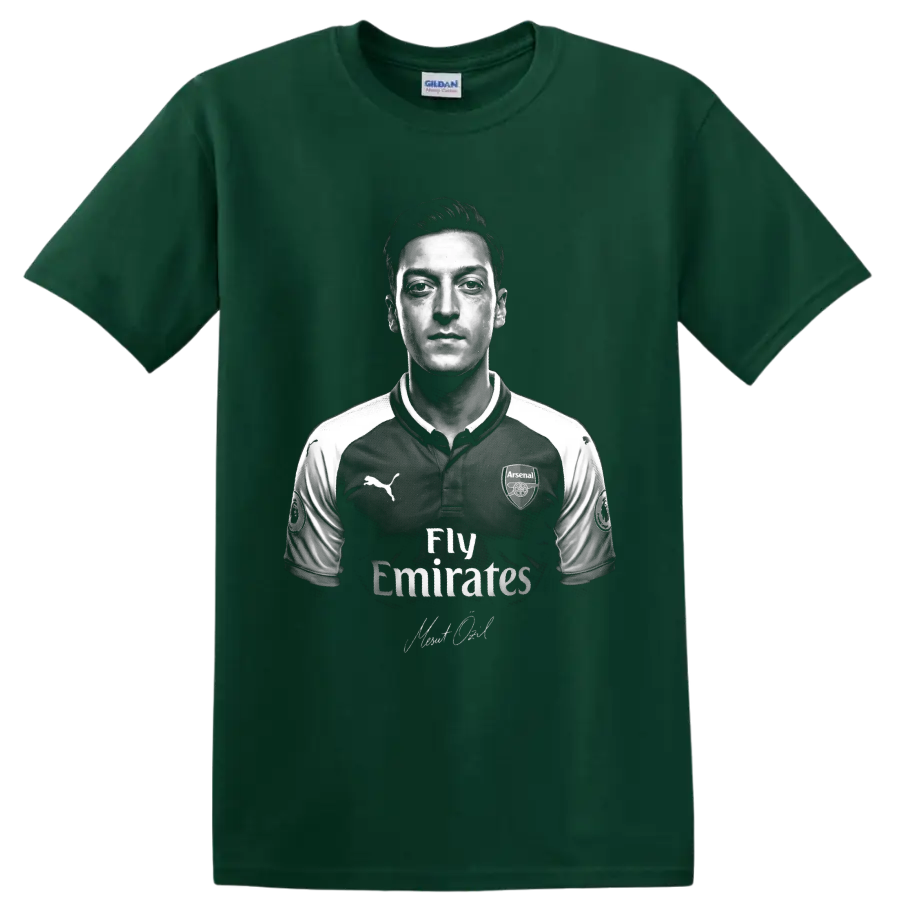 Mesut Ozil Arsenal soccer portrait in dramatic black-and-white graphic art on a Forest Green T Shirt