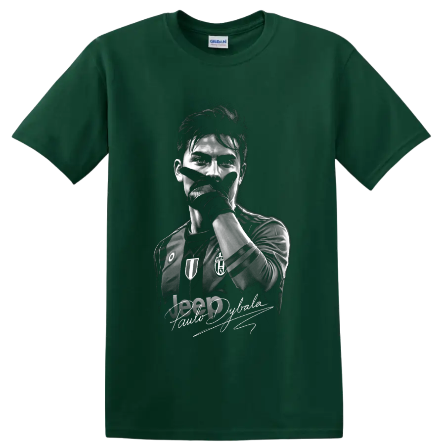 Paulo Dybala monochrome soccer portrait with mask-style celebration pose and signature on a Forest Green T Shirt