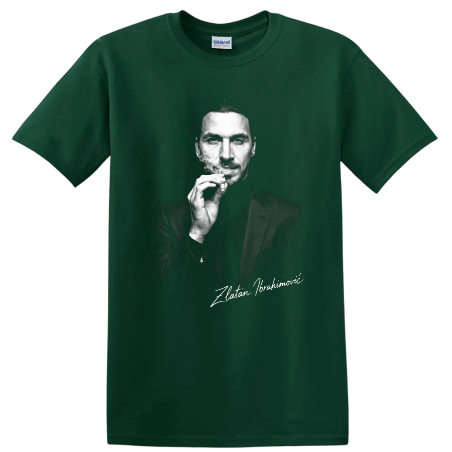Zlatan Ibrahimović black-and-white smoking portrait with signature-style text on a Forest Green T Shirt