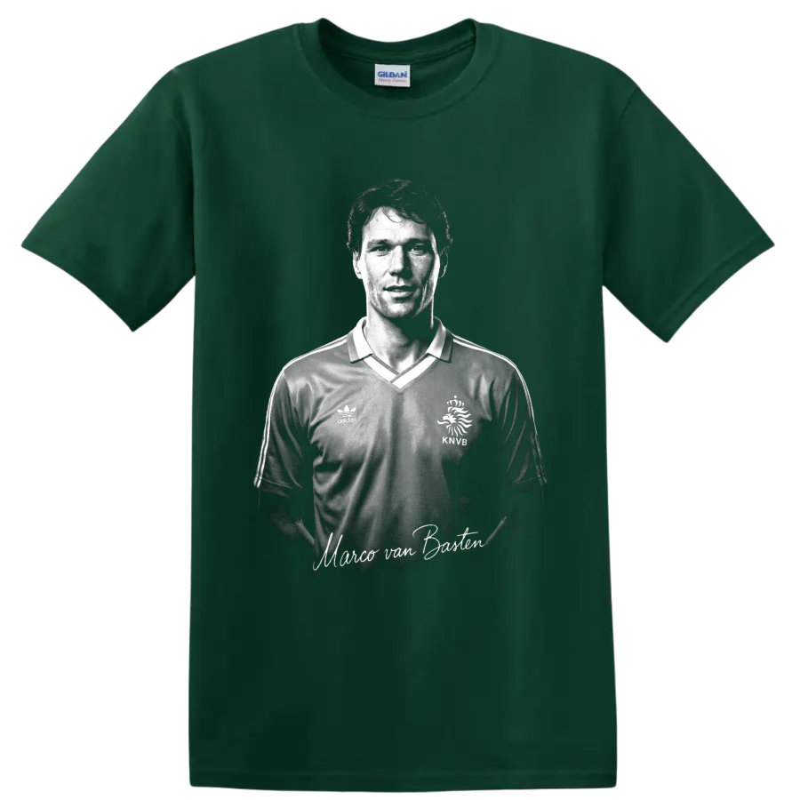 Monochrome Marco van Basten Dutch soccer portrait with signature-style lettering on a Forest Green T Shirt