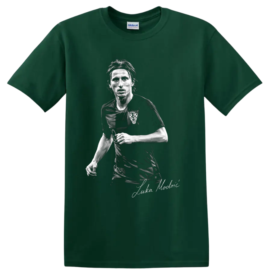Luka Modric Croatia soccer midfielder grayscale portrait with signature-style script on a Forest Green T Shirt