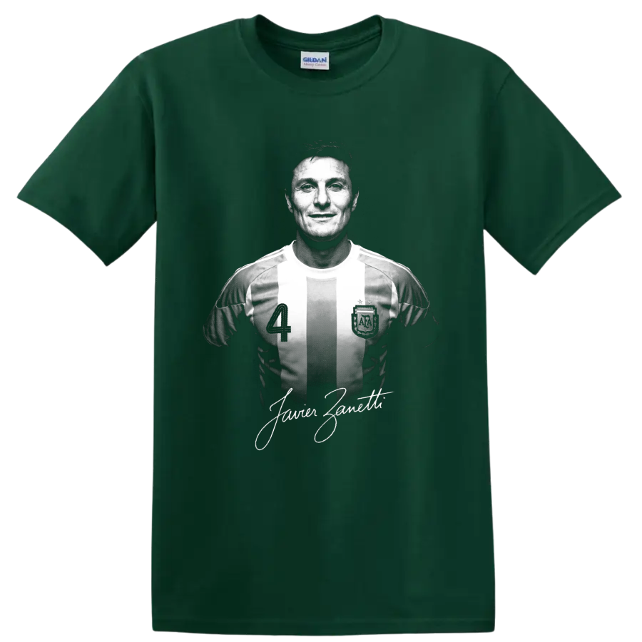 Javier Zanetti monochrome soccer portrait in striped number 4 jersey with signature on a Forest Green T Shirt