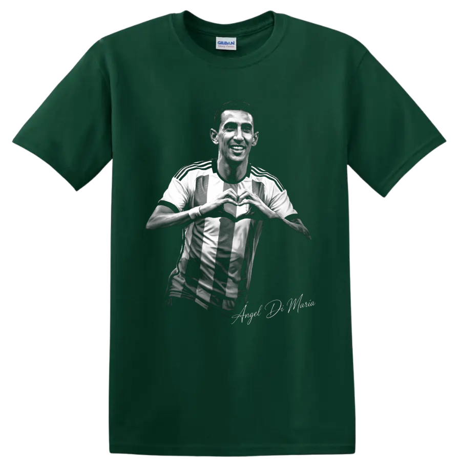Ángel Di María monochrome soccer portrait making a heart gesture in a striped jersey on a Forest Green T Shirt