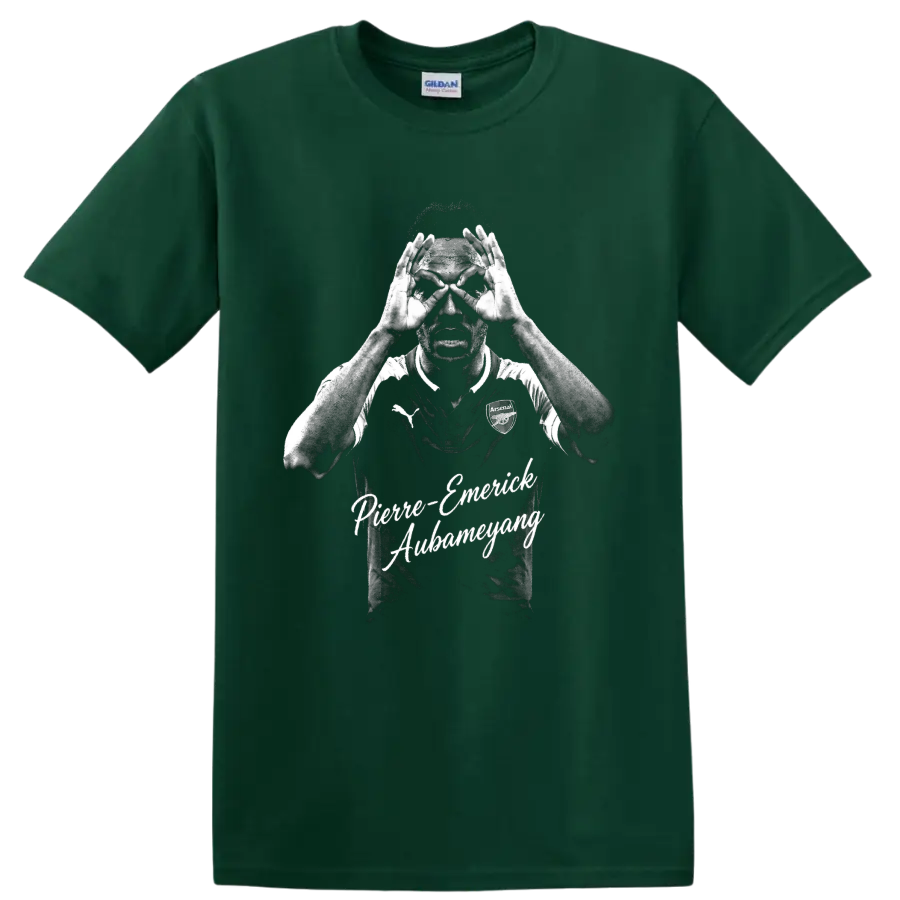 Pierre-Emerick Aubameyang Arsenal binocular celebration distressed portrait with script on a Forest Green T Shirt