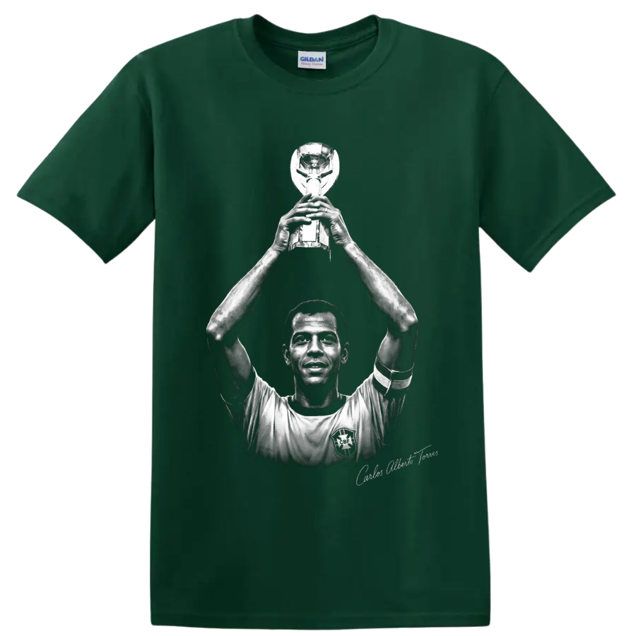 Carlos Alberto Torres lifting trophy in monochrome Brazilian soccer portrait artwork on a Forest Green T Shirt