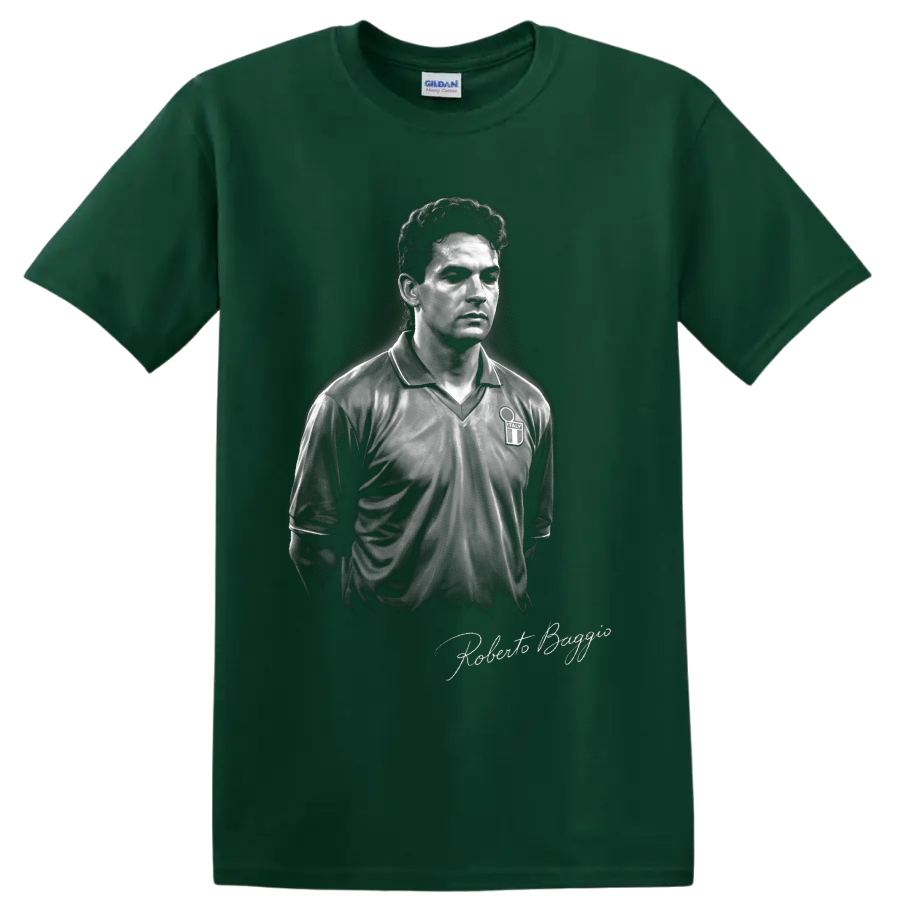Monochrome Roberto Baggio Italy soccer portrait with signature-style lettering on a Forest Green T Shirt