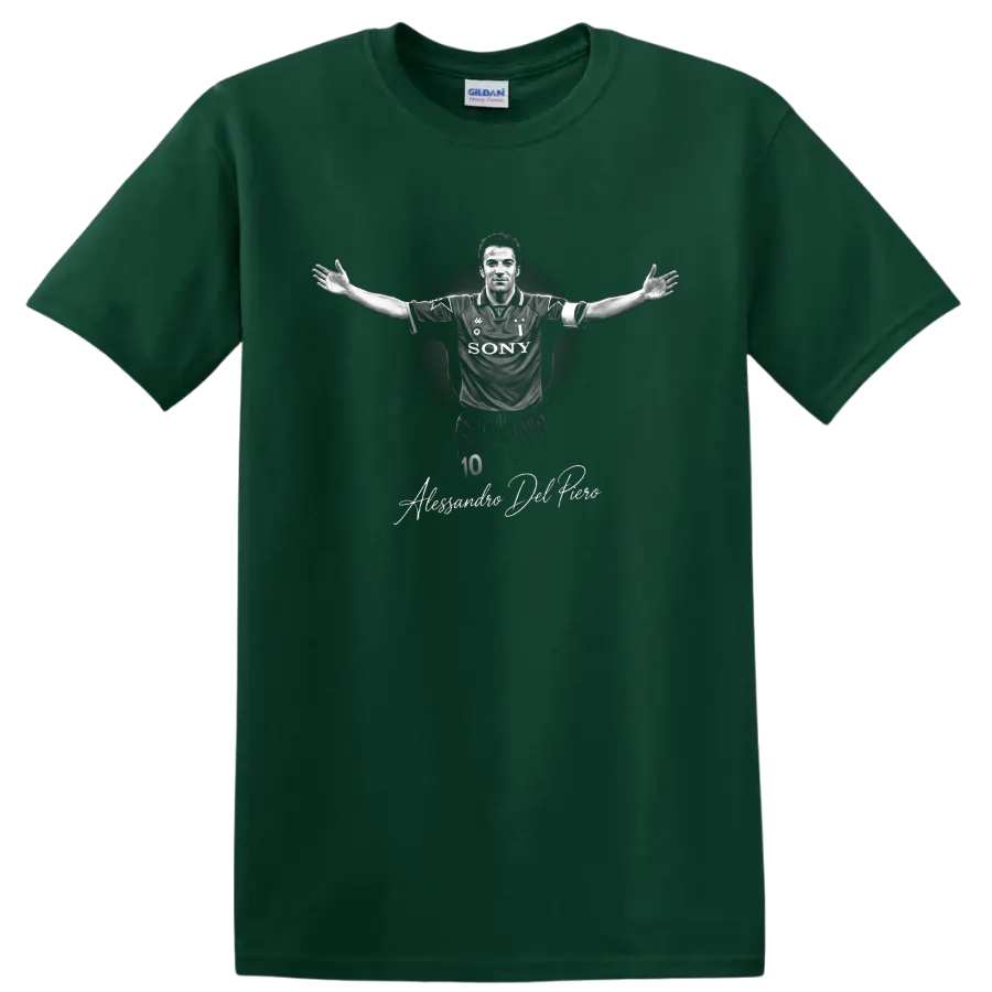 Alessandro Del Piero Juventus number 10 monochrome soccer portrait with signature on a Forest Green T Shirt