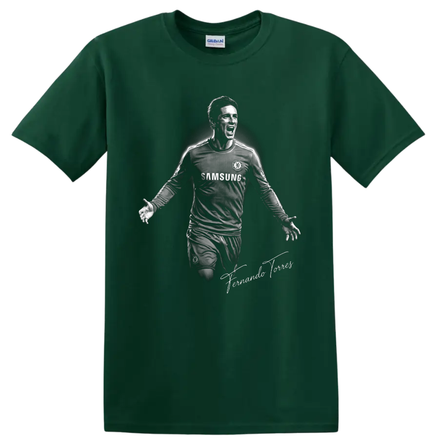 Fernando Torres Chelsea soccer celebration portrait in dramatic monochrome artwork on a Forest Green T Shirt