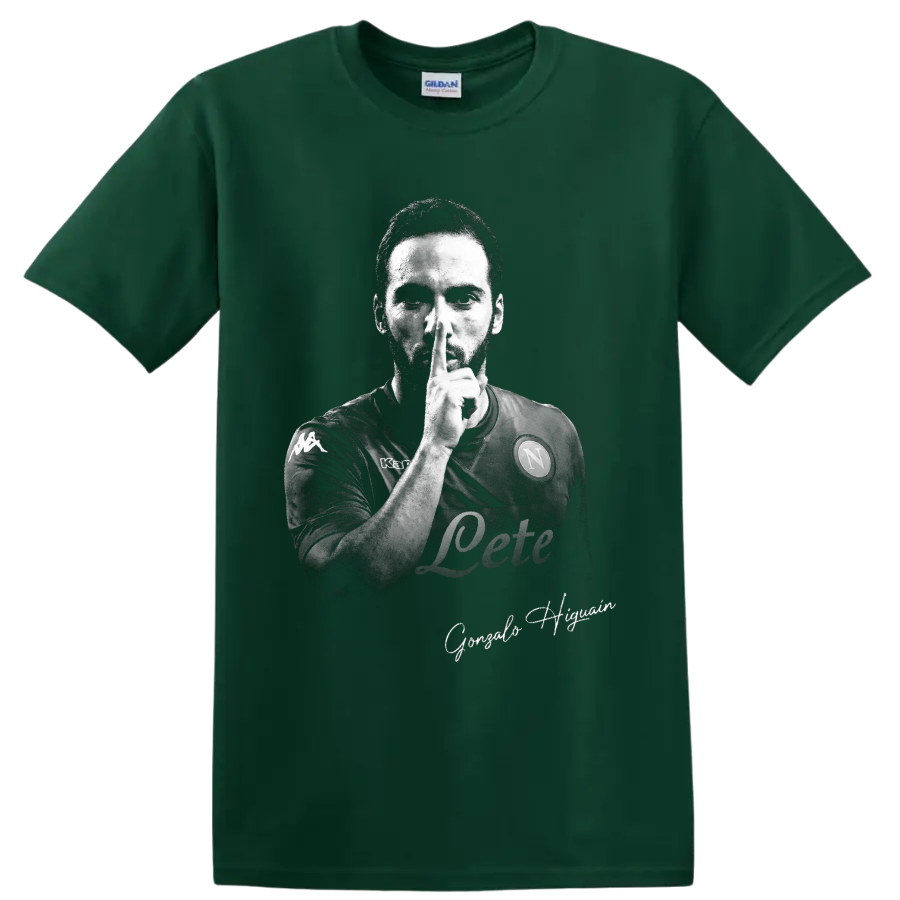 Gonzalo Higuain monochrome soccer portrait making a shushing gesture on a Forest Green T Shirt