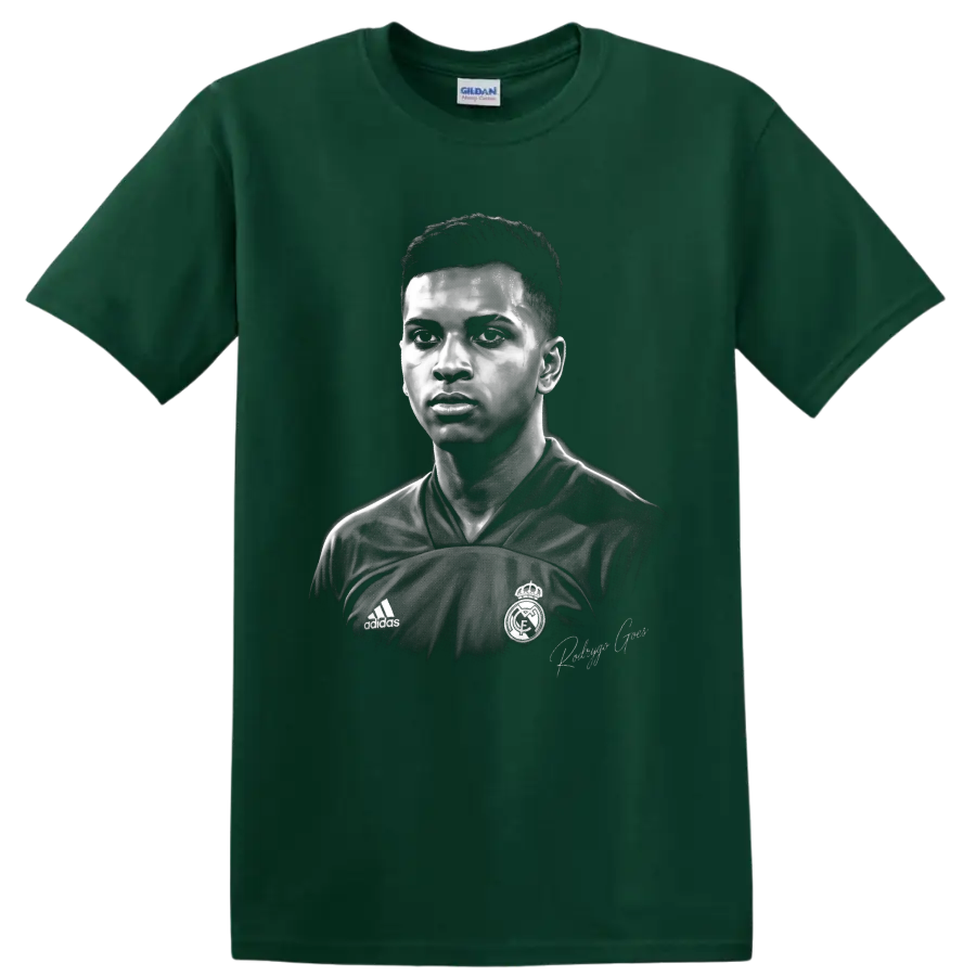 Rodrygo Goes monochrome soccer portrait in Real Madrid jersey with signature on a Forest Green T Shirt