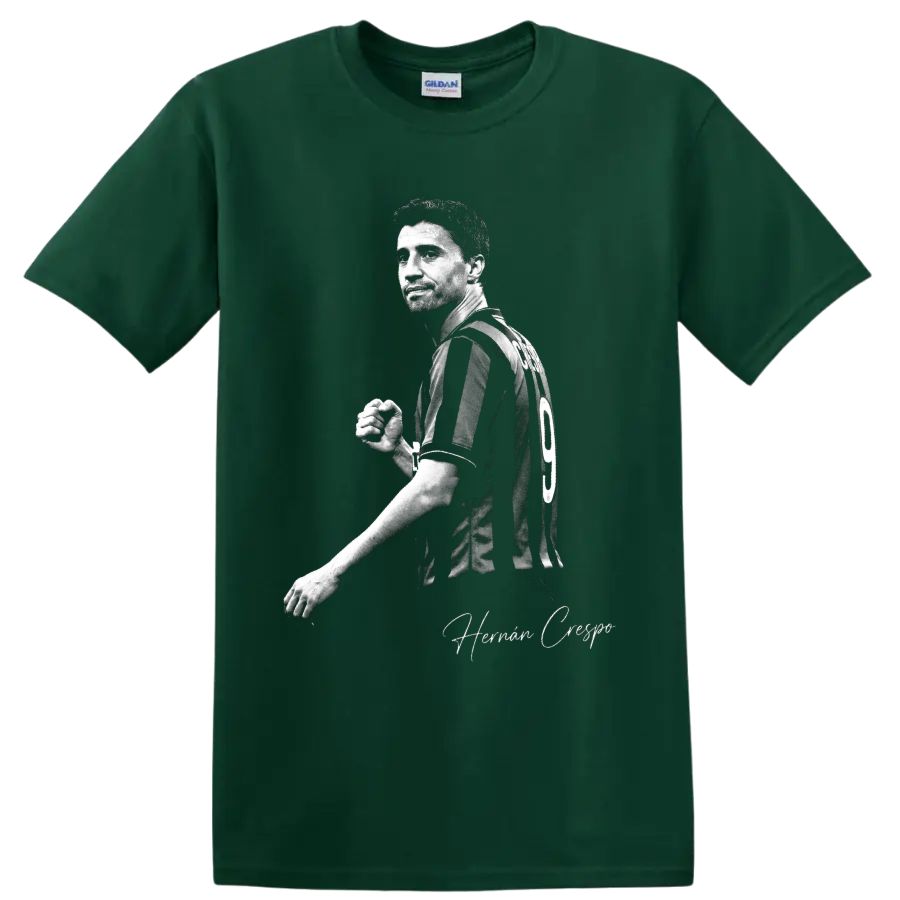 Hernan Crespo soccer portrait in striped number 9 jersey with signature-style script on a Forest Green T Shirt