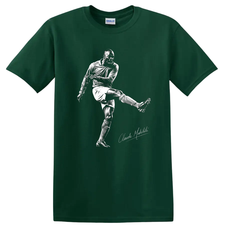 Claude Makelele soccer player kicking in a high-contrast monochrome sketch design on a Forest Green T Shirt