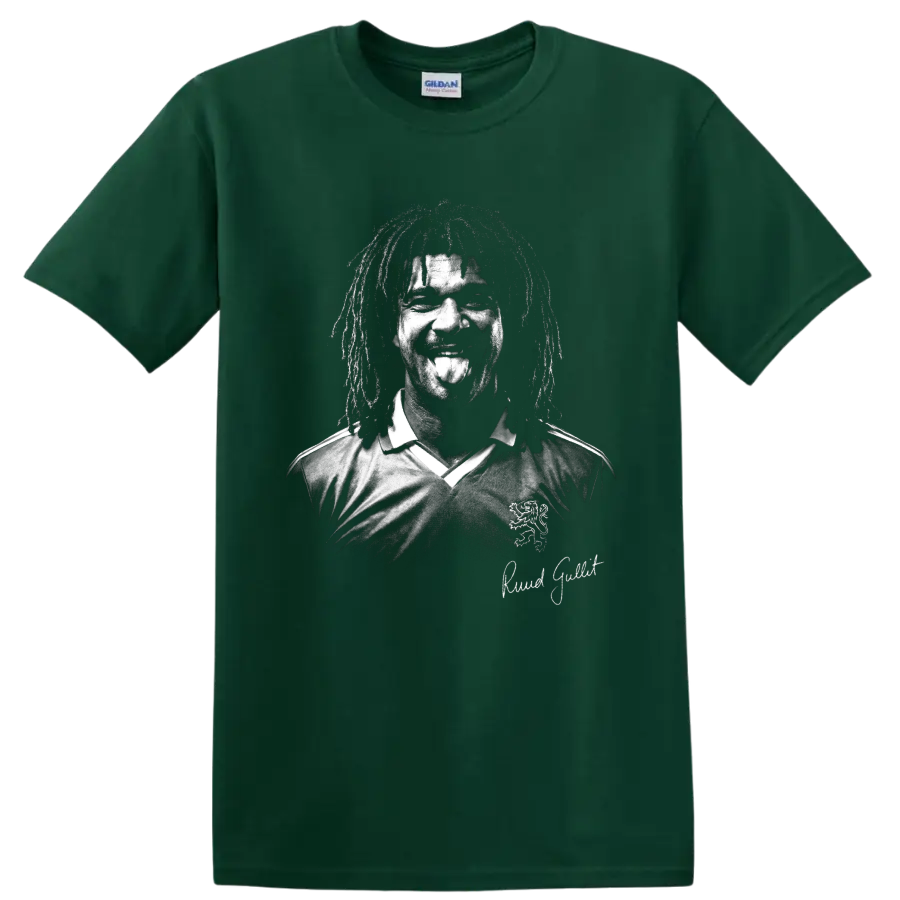 Distressed black-and-white Ruud Gullit soccer portrait with signature on a Forest Green T Shirt