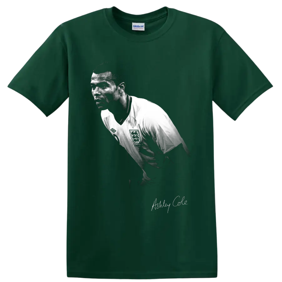 Ashley Cole England soccer defender portrait in distressed black-and-white style on a Forest Green T Shirt