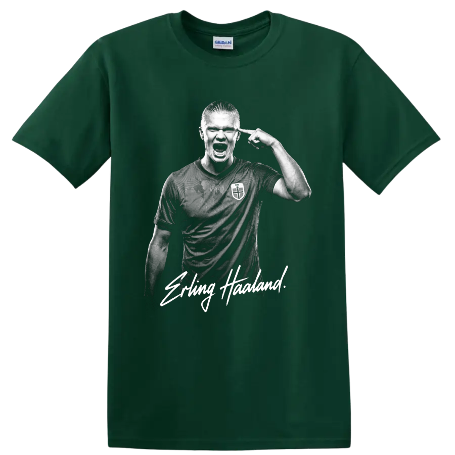 Erling Haaland Norway soccer portrait with signature-style name lettering on a Forest Green T Shirt