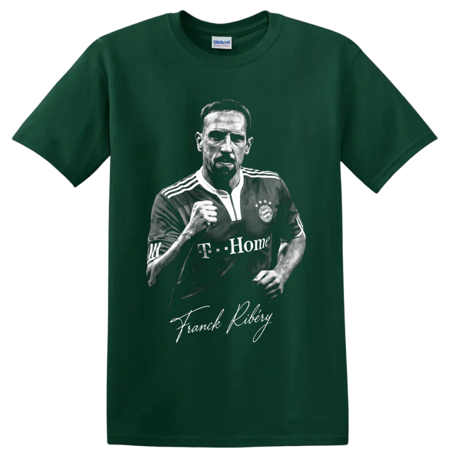 Franck Ribery Bayern Munich black-and-white soccer portrait with signature lettering on a Forest Green T Shirt