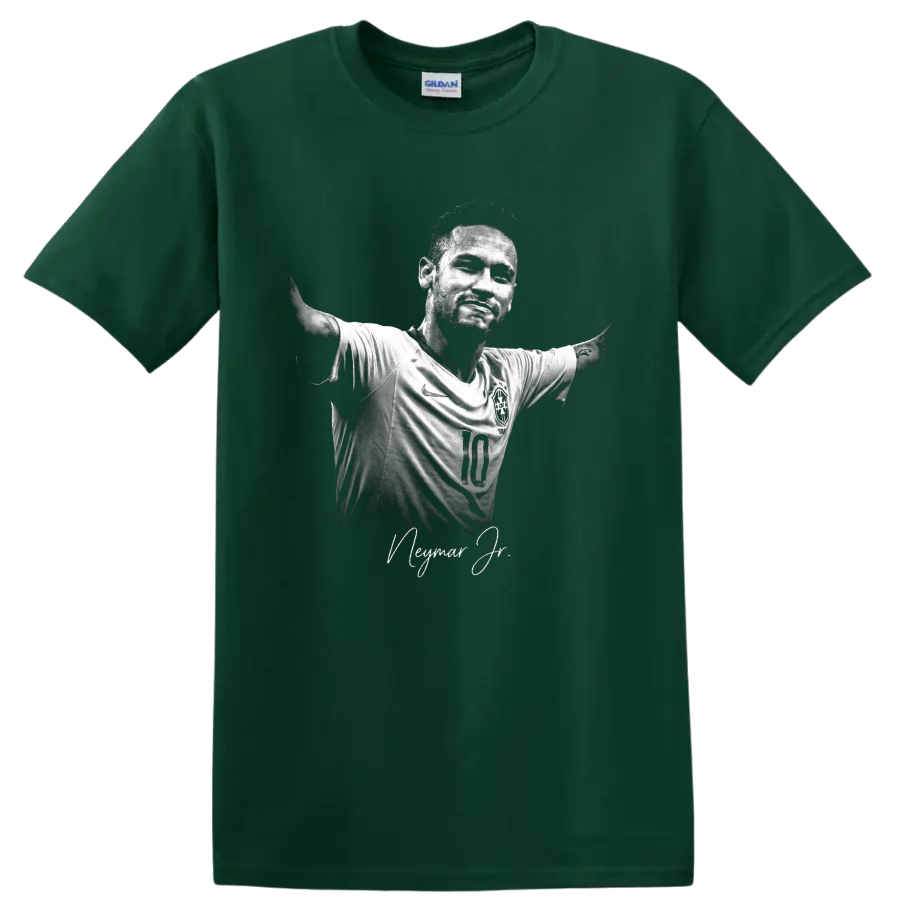 Neymar Jr Brazil number 10 soccer portrait with arms out and signature-style text on a Forest Green T Shirt