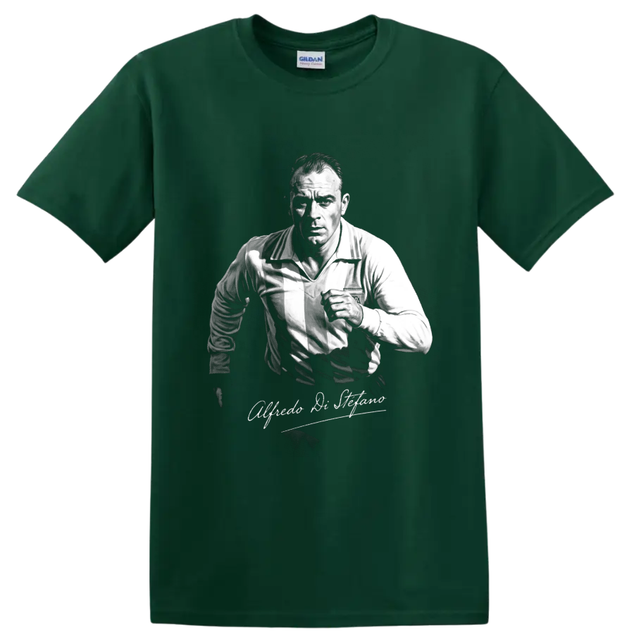 Alfredo Di Stéfano soccer portrait in vintage black-and-white style with signature script on a Forest Green T Shirt