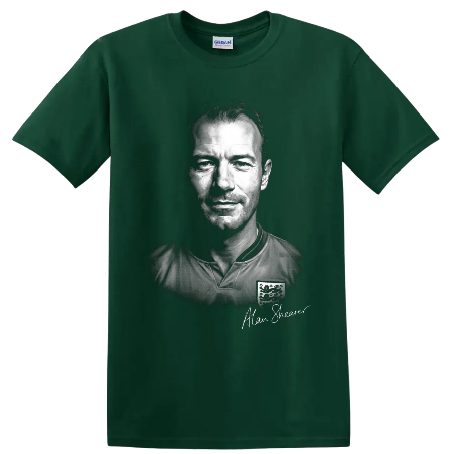 Alan Shearer black-and-white England soccer portrait with signature-style text on a Forest Green T Shirt