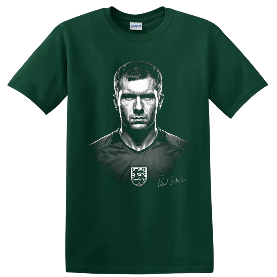Paul Scholes monochrome soccer portrait with England crest and signature detail on a Forest Green T Shirt