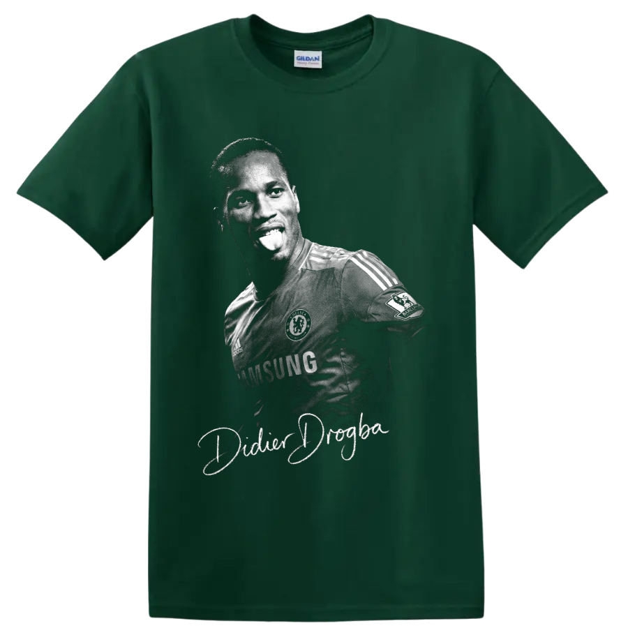Didier Drogba Chelsea soccer portrait in vintage black-and-white with cursive name on a Forest Green T Shirt