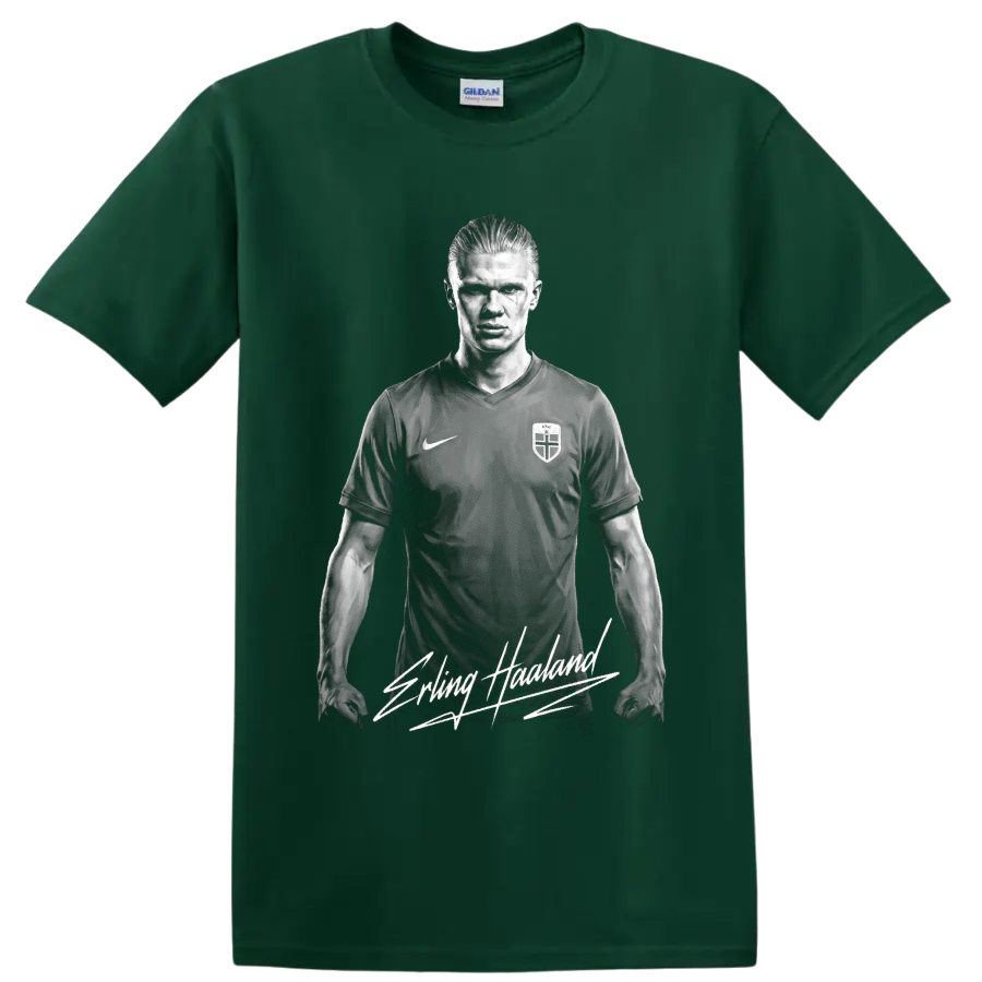 Grayscale Erling Haaland soccer portrait with signature-style lettering on a Forest Green T Shirt