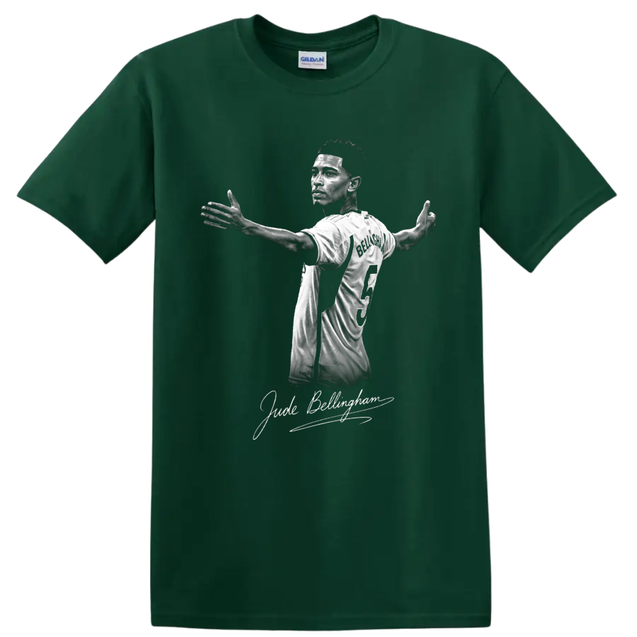 Jude Bellingham grayscale Real Madrid number 5 portrait with signature-style lettering on a Forest Green T Shirt