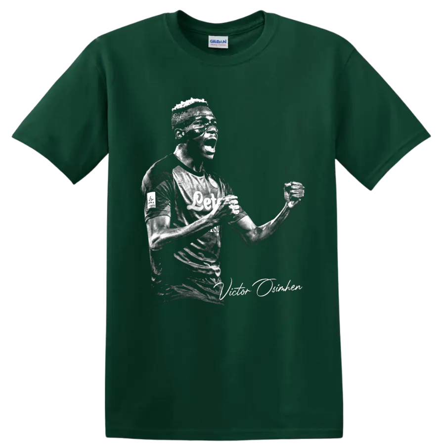 Victor Osimhen Napoli soccer celebration portrait with signature-style text on a Forest Green T Shirt