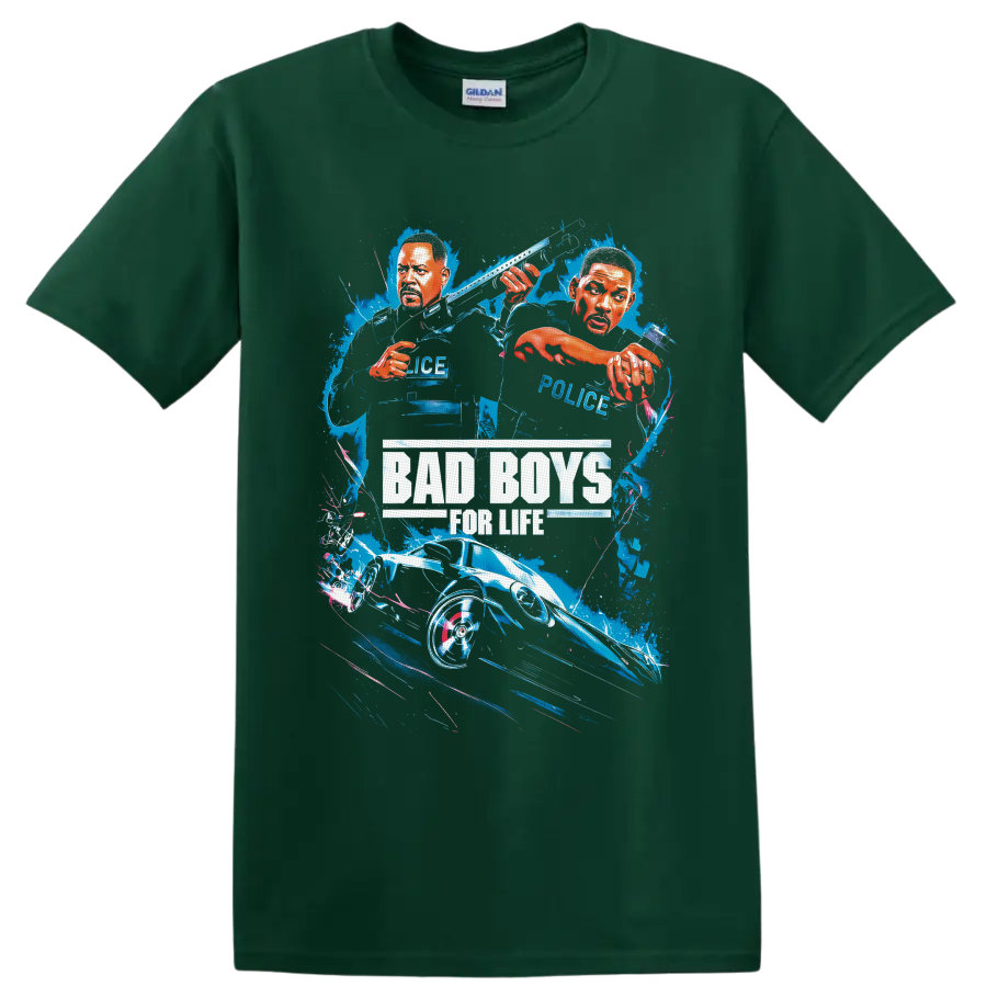 Bad Boys for Life illustrated Mike Lowrey and Marcus Burnett action movie graphic on a Forest Green T Shirt