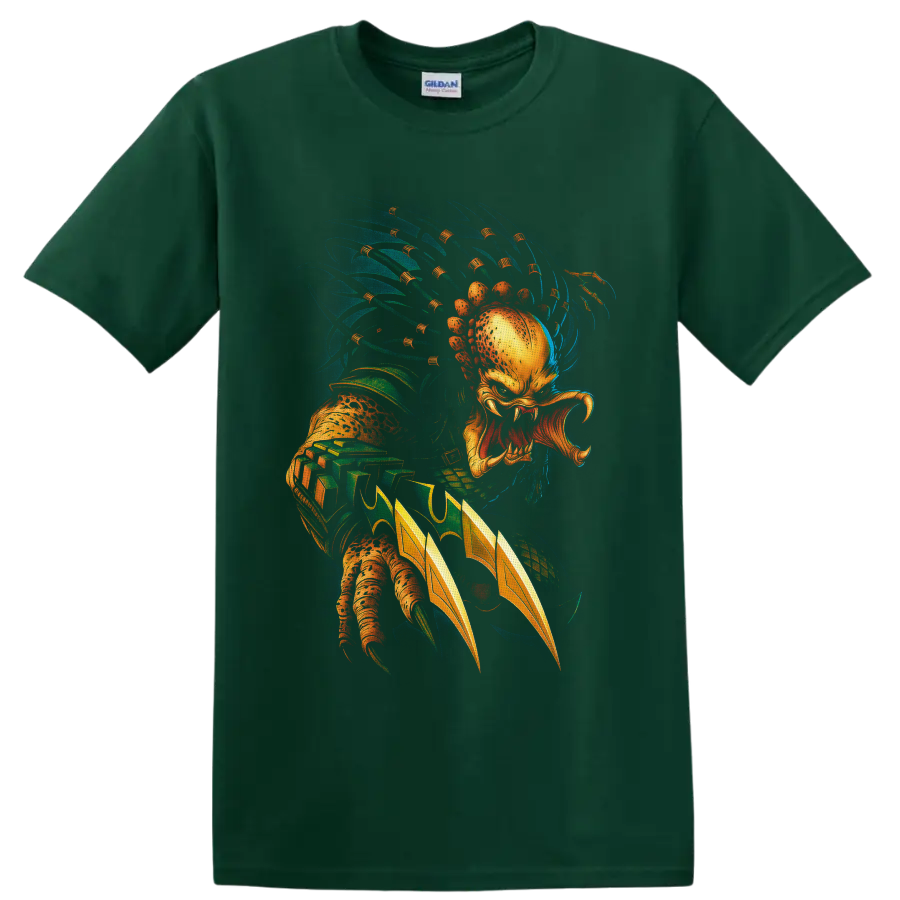 Unmasked Predator alien hunter with mandibles, wrist blades, and retro sci-fi art on a Forest Green T Shirt