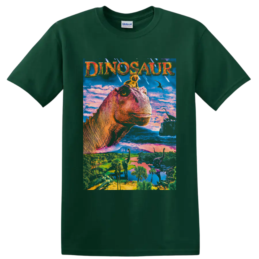 Aladar and Suri Dinosaur movie artwork with a colorful prehistoric valley on a Forest Green T Shirt