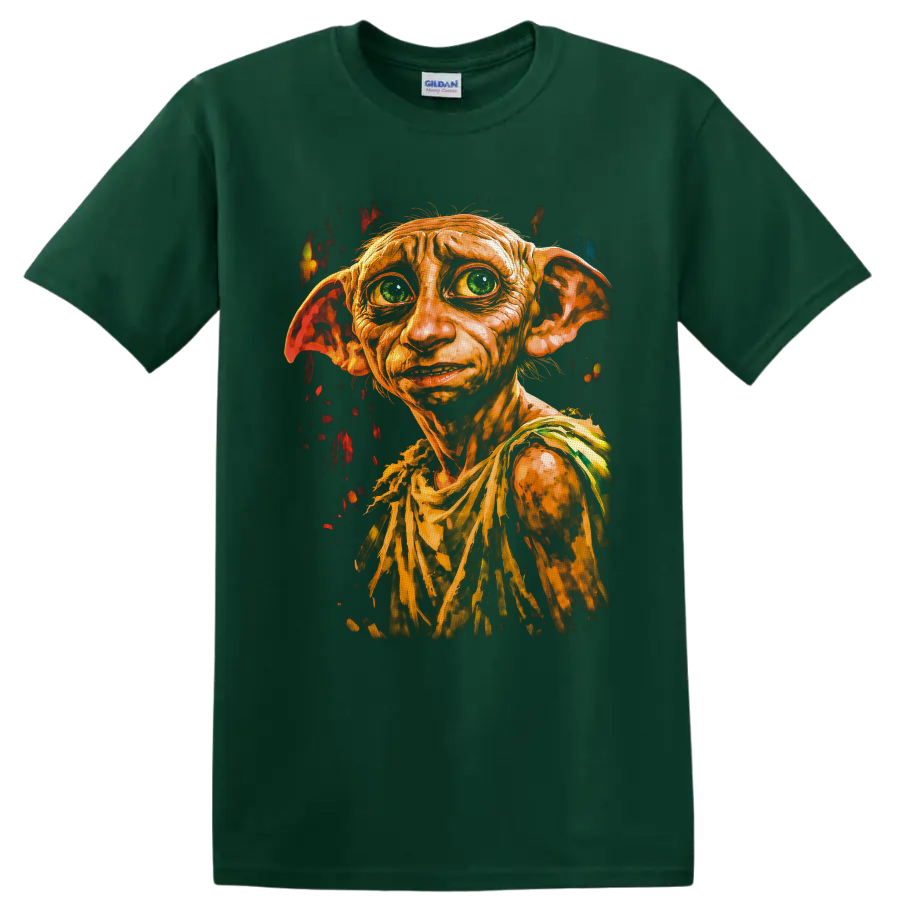 Dobby Harry Potter house elf portrait in dramatic textured fantasy art on a Forest Green T Shirt