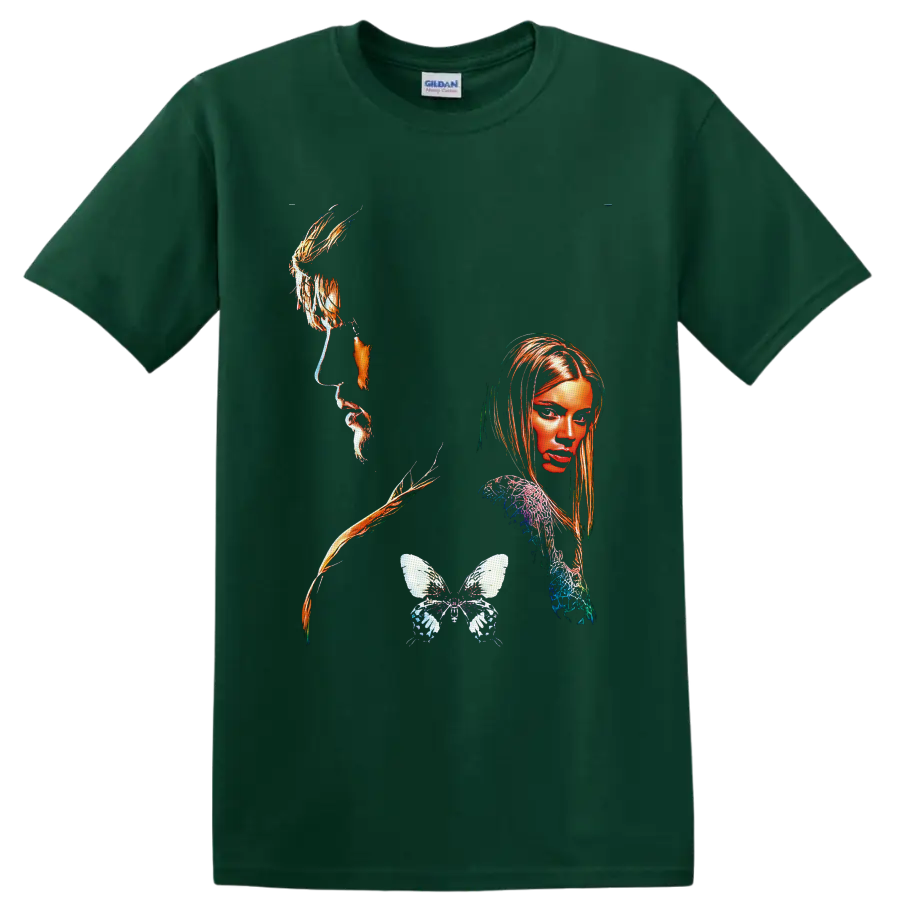 Surreal portrait collage with orange-gold accents and detailed butterfly graphic on a Forest Green T Shirt