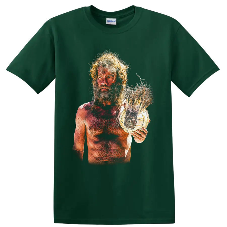 Chuck Noland Cast Away survival portrait with handmade volleyball companion graphic on a Forest Green T Shirt