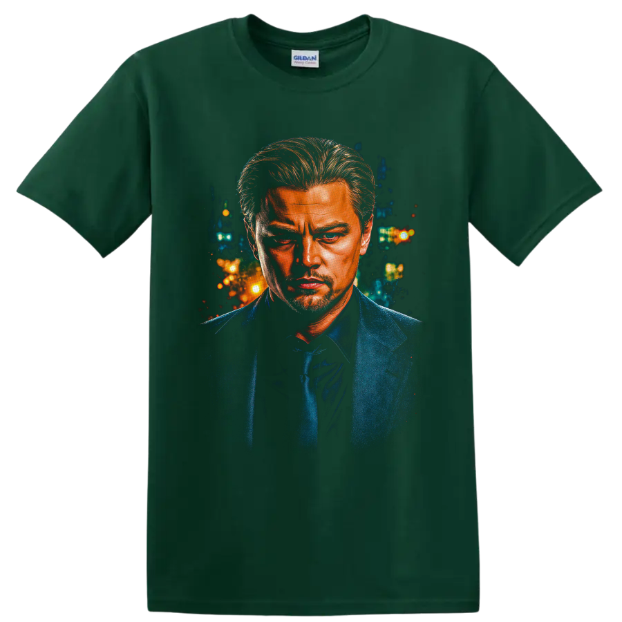 Dominic Cobb as Leonardo DiCaprio in a painterly neon city portrait on a Forest Green T Shirt